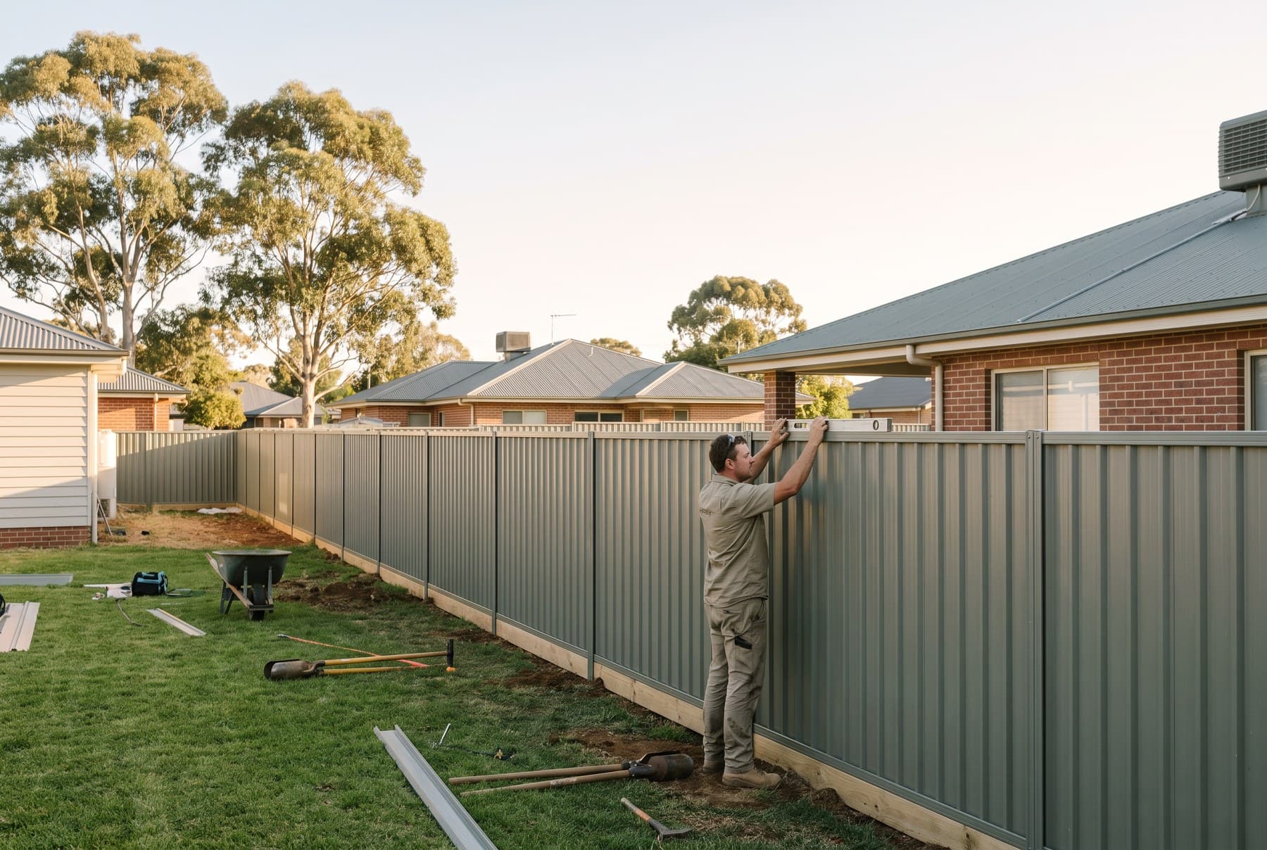 A fencing contractor levelling a new Colorbond fence panel.