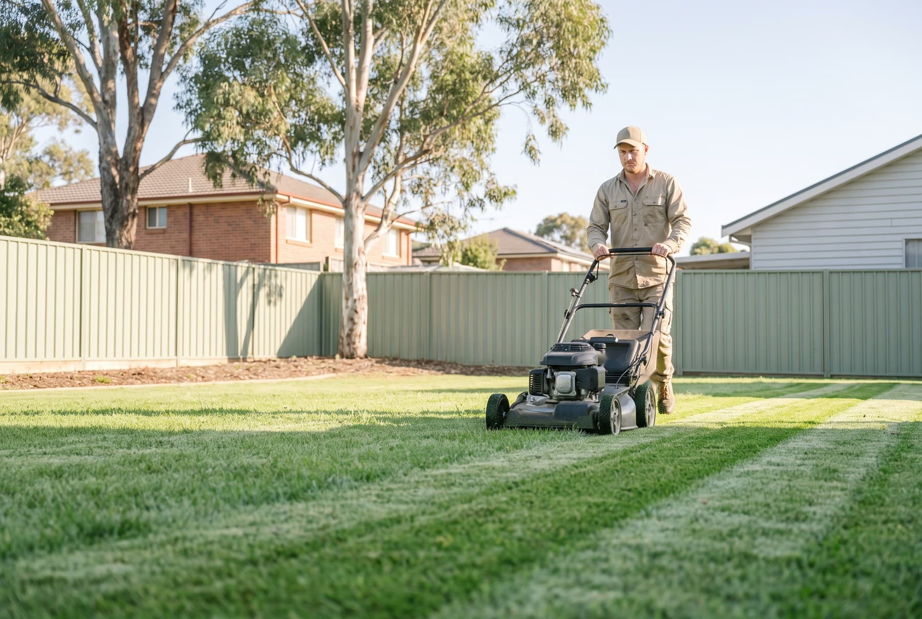 A lawn care professional mowing neat stripes into a backyard lawn.
