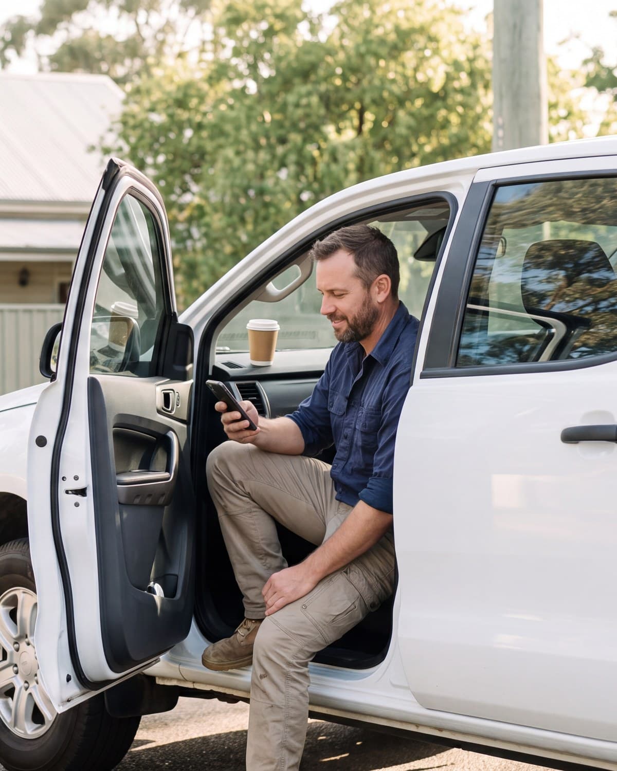 A tradesman sitting in his ute, checking his phone.
