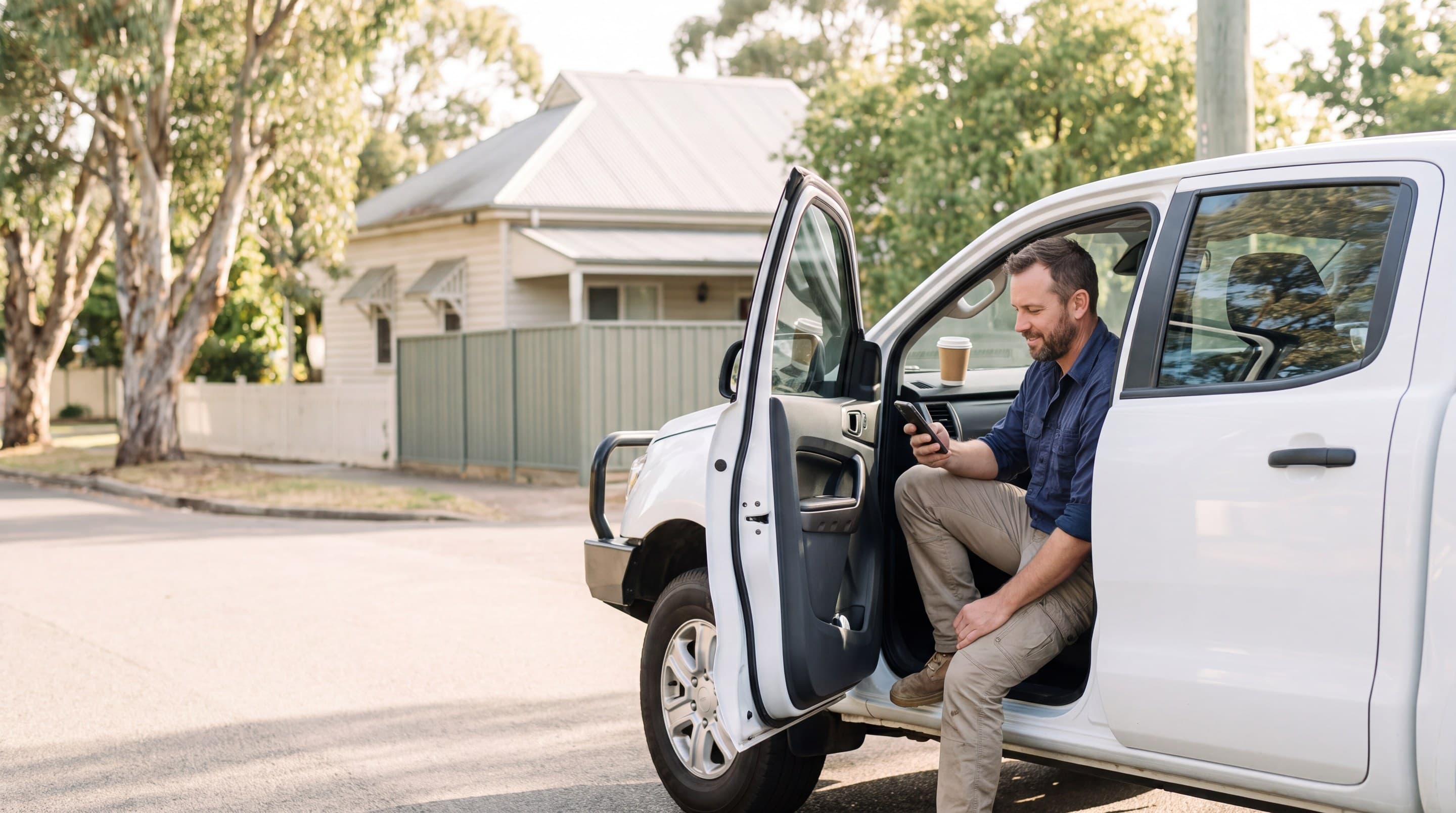 A tradesman sitting in his ute on a leafy street, checking his phone with a coffee on the dash.